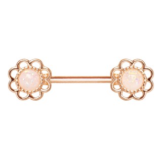 Piercing t�ton cuivr� � fleurs serties d'opales