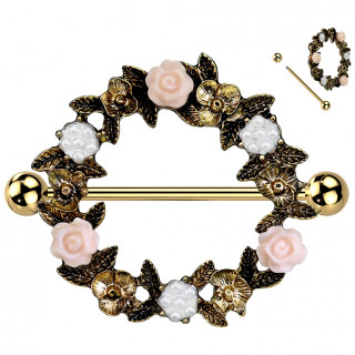 Piercing t�ton dor� � bouclier couronne de fleurs