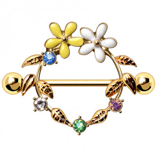 Piercing t�ton dor� bouclier couronne de fleurs � feuillages