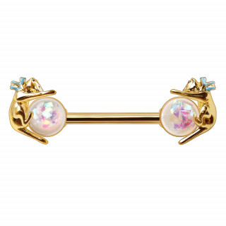 Piercing t�ton dor� � chats sur perles d'opale