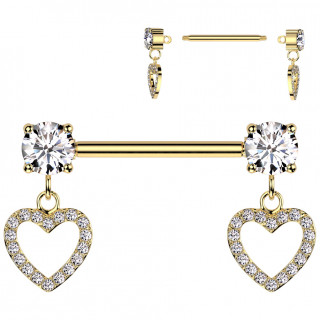 Piercing t�ton dor� � coeurs suspendus pav�s de zirconiums