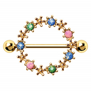 Piercing t�ton dor� � couronne de fleurs strass multicolores