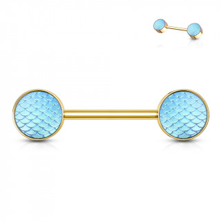 Piercing t�ton dor� � �cailles style holographique bleues