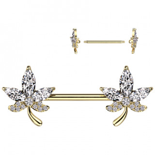 Piercing t�ton dor� � feuilles de cannabis en zirconiums