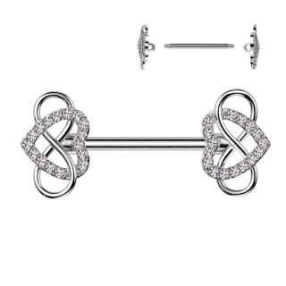 Piercing t�ton � duo de coeurs sertis et symboles infini
