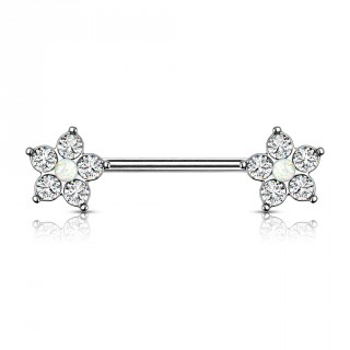 Piercing t�ton � embouts fleur zirconium et opale blanche