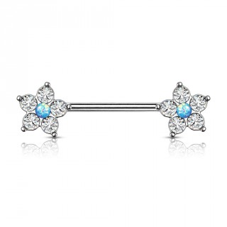 Piercing t�ton � embouts fleur zirconium et opale bleue