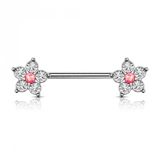 Piercing t�ton � embouts fleur zirconium et opale rose