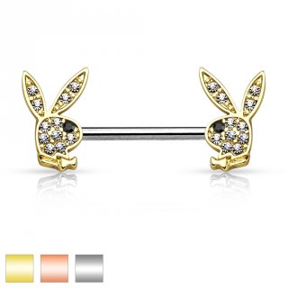 Piercing t�ton en acier � lapins Playboy en laiton avec strass