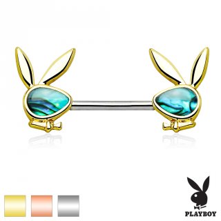 Piercing t�ton en acier � lapins Playboy en laiton et nacre d'abalone