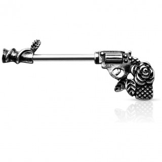 Piercing t�ton en forme de pistolet revolver � rose - Antique Silver