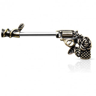 Piercing t�ton en forme de pistolet revolver � rose vintage - Antique Gold