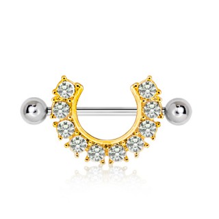 Piercing t�ton � fer � cheval dor� pav� de strass