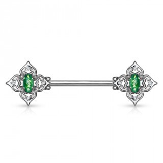 Piercing t�ton filigranes floraux � opales vertes