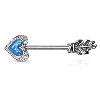 Piercing t�ton fl�che � pointe de coeur en Opale bleue