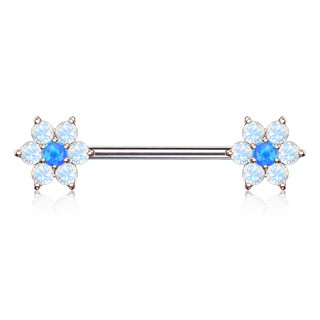 Piercing t�ton � fleurs de cristal et Opale � perles cuivr�es - bleu