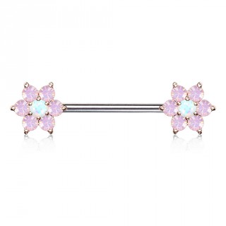 Piercing t�ton � fleurs de cristal et Opale � perles cuivr�es - rose et blanc