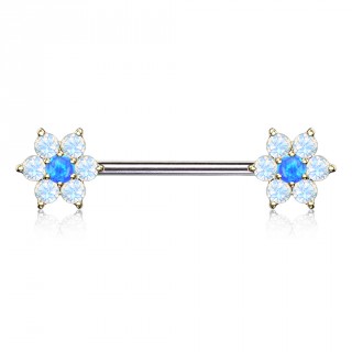 Piercing t�ton � fleurs de cristal et Opale � perles dor�es - bleu