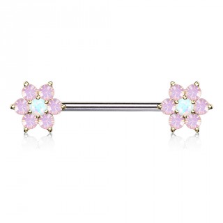 Piercing t�ton � fleurs de cristal et Opale � perles dor�es - rose et blanc