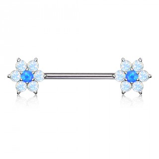 Piercing t�ton � fleurs de cristal et Opale � perles grises - bleu