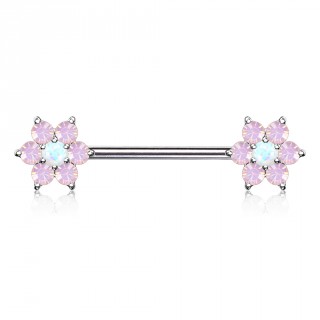 Piercing t�ton � fleurs de cristal et Opale � perles grises - rose et blanc