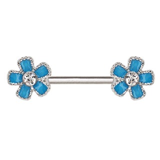 Piercing t�ton fleurs emaill�es bleues serties