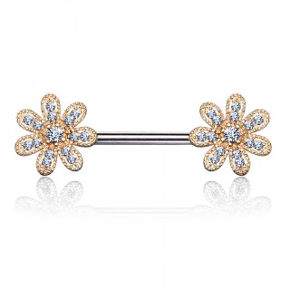 Piercing t�ton fleurs fantaisie cuivr�es pav�es de strass