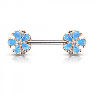 Piercing t�ton fleurs d'opale � bords cuivr�s - Bleu