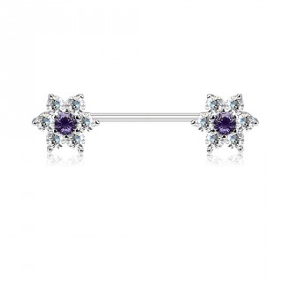 Piercing t�ton � fleurs strass - Clair et tanzanite