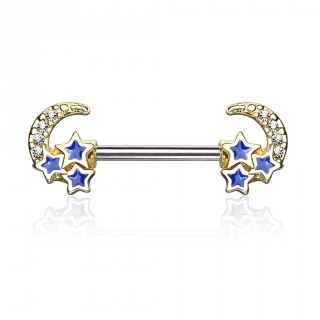 Piercing t�ton lunes dor�es � strass et �toiles bleues
