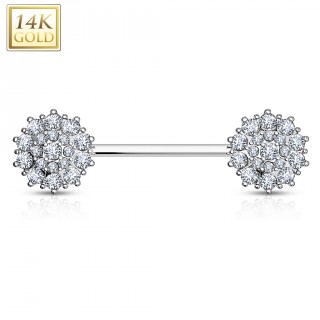 Piercing t�ton or blanc 14 carats � embouts ronds pav�s de zirconiums