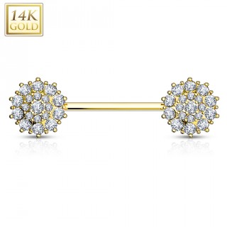 Piercing t�ton or jaune 14 carats � embouts ronds pav�s de zirconiums