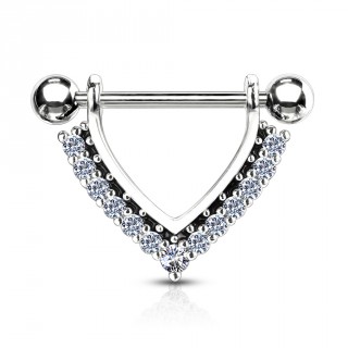 Piercing t�ton � ornement en "V" pav� de strass - Clair