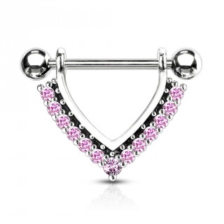 Piercing t�ton � ornement en "V" pav� de strass - Rose
