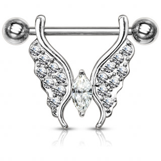 Piercing t�ton � papillon pav� de cristaux - Clair