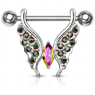 Piercing t�ton � papillon pav� de cristaux - Vitrail Medium