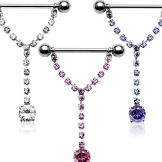 Piercing t�ton pendentif chaine en "Y" sertie