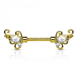 Piercing t�ton plaqu� or � embouts floraux avec strass