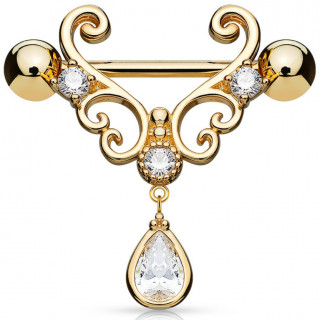 Piercing t�ton plaqu� or rose � trio de coeurs en spirales et goutte strass