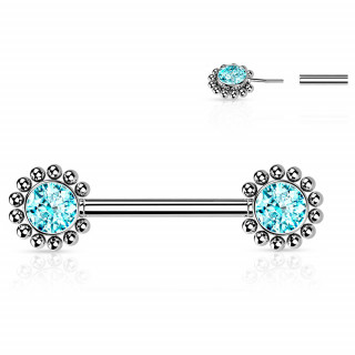 Piercing t�ton push-in � fleurs strass perl�es - bleu aqua