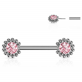 Piercing t�ton push-in � fleurs strass perl�es - rose