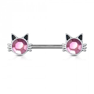 Piercing t�ton t�te de chat � cristal rose