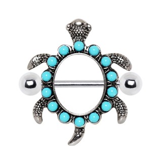 Piercing t�ton tortue de mer � perles bleu turquoise