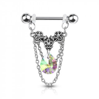 Piercing t�ton � trio de fleurs, chaines et cristal - Aurore Bor�ale