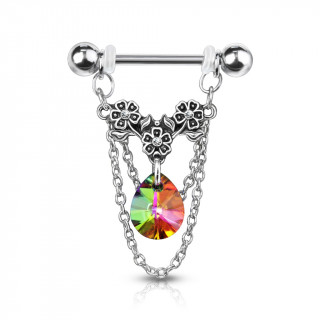 Piercing t�ton � trio de fleurs, chaines et cristal - Vitrail Medium