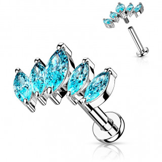 Piercing tige labret � �ventail de zirconiums bleus aqua en amandes (l�vre, h�lix...)