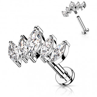 Piercing tige labret � �ventail de zirconiums clairs en amandes (l�vre, h�lix...)