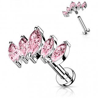 Piercing tige labret � �ventail de zirconiums roses en amandes
