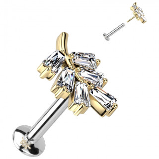 Piercing tige labret push-in � feuille Dor�e sertie (l�vre, tragus, h�lix...)