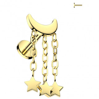 Piercing tige labret Titane dor� � lune et trio d'�toiles (filetage interne)